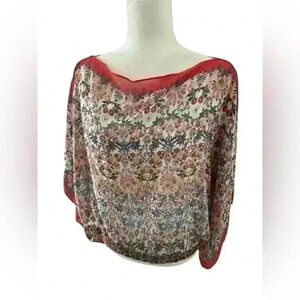 Max Studio Floral Batwing Chiffon Blouse - Red Trim Sheer Top, Size XL, NWT